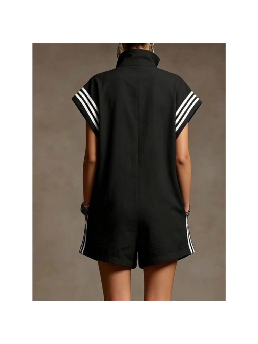 Striped Zip Front Short Sleeve Romper - Picture 3 of 15